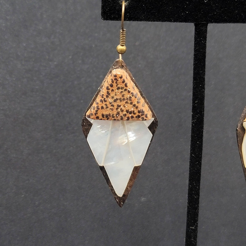 Vintage Pierced Earrings Wood Mother of Pearl Unique Hand Carved Dangle 2 1/8"