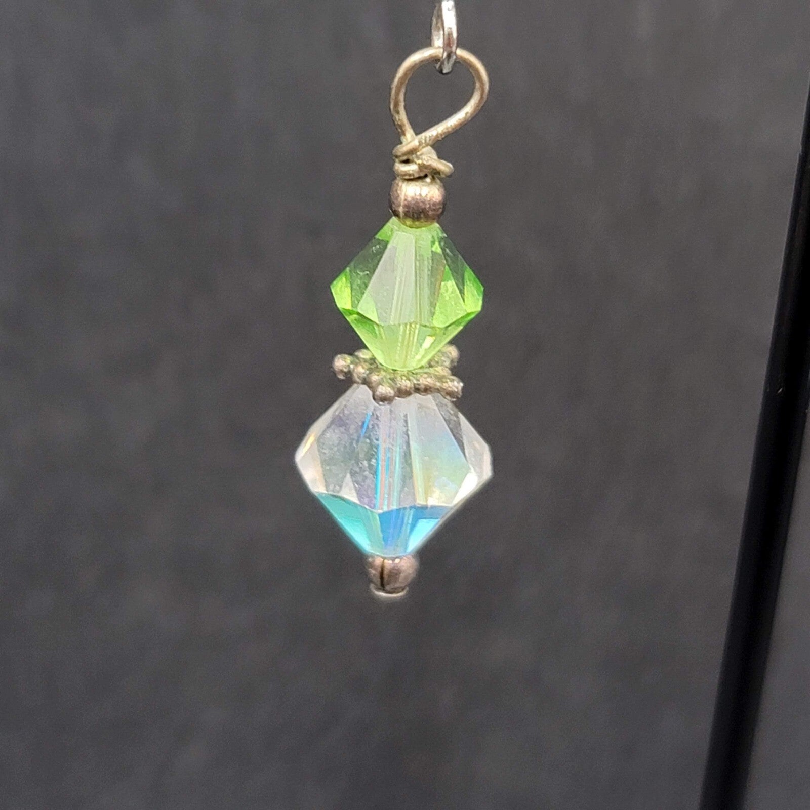 Pierced Earrings Silver toneGreen AB Bicone Christal Beads Dangle  1 1/8"