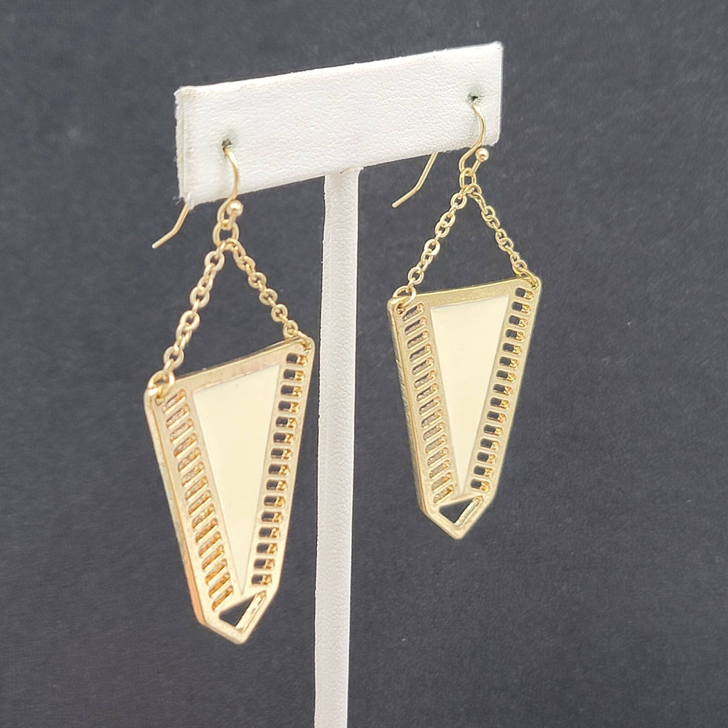 Pierced Earrings Gold tone Cream White Enamel Statement Dangle 2 1/8"