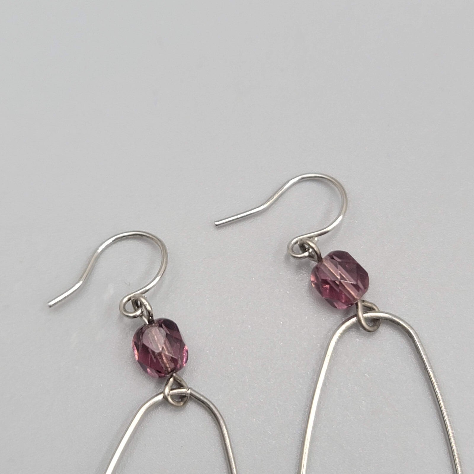 Purple Bead Long Hoop Pierced Earrings Silver tone Dangle 2.25"