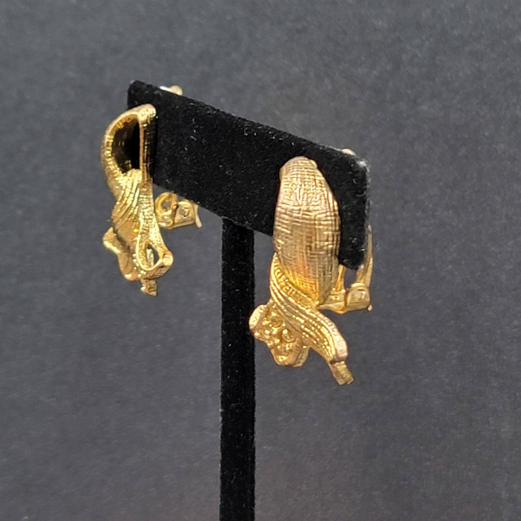 Vintage Clip on Earrings Gold Plated Textured Ribbon Style Drop 1.5"