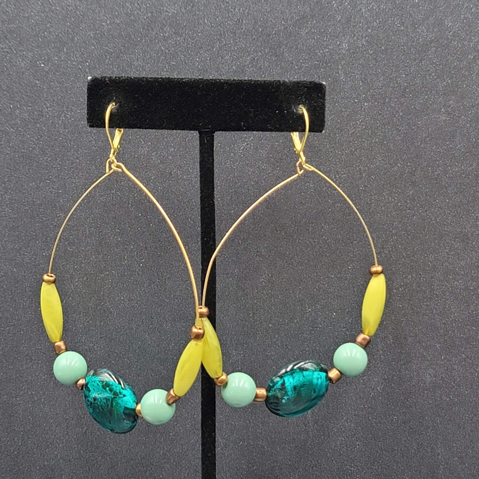 Pierced Earrings Gold tone Blue Dichroic Glass Bead Acrylic Beads 3"