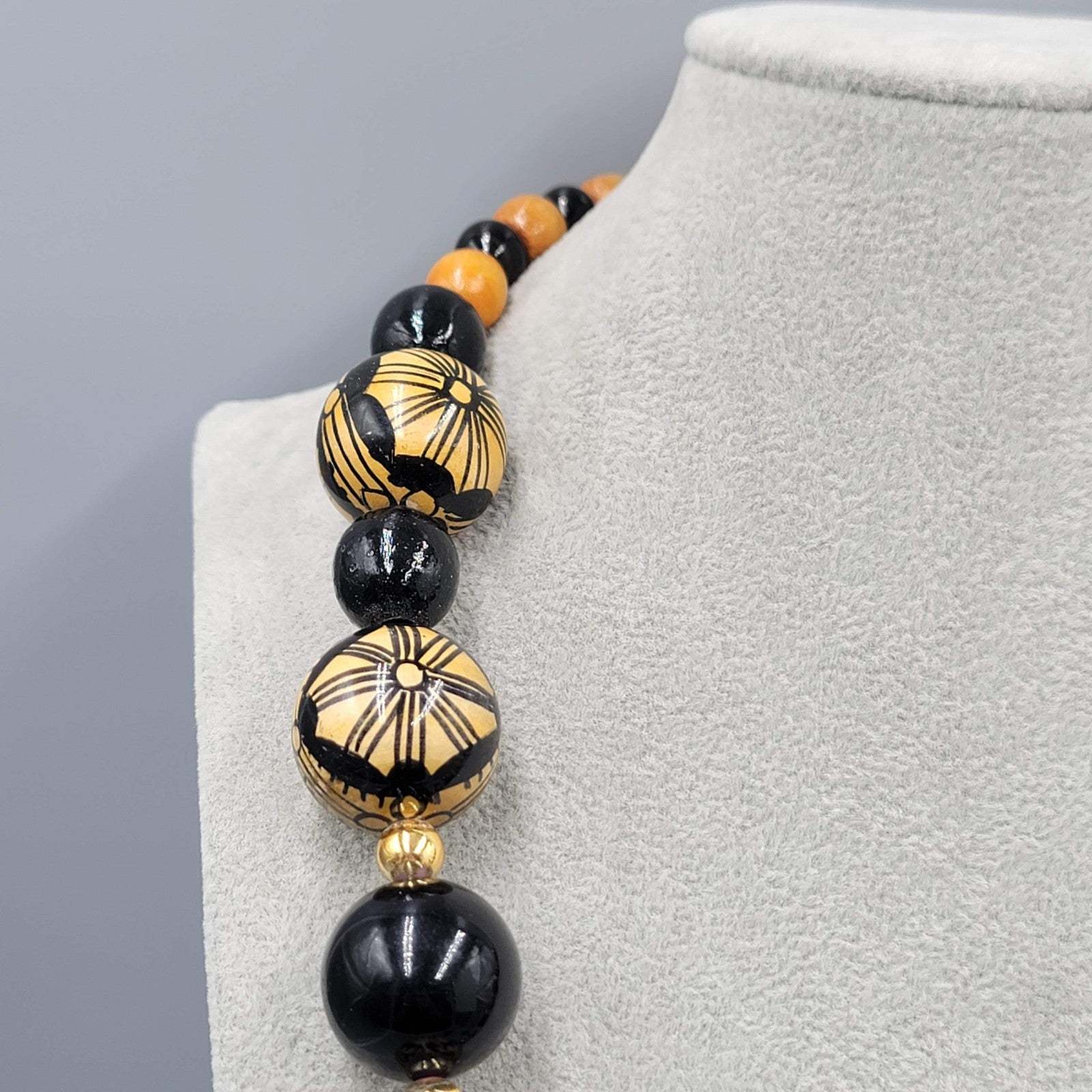 Vintage Large Bead Statement Necklace Pierced Earring Set Tan Black Gold tone