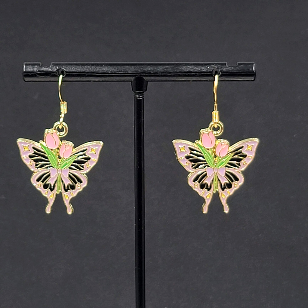 Pink Tulip Purple Moth Enamel Pierced Earrings Gold tone Dangle Butterfly 1"