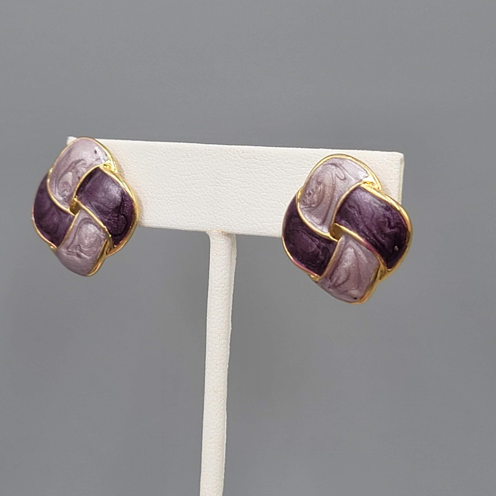 Vintage Purple Enamel Pierced Earrings Square Knot Drop 7/8"