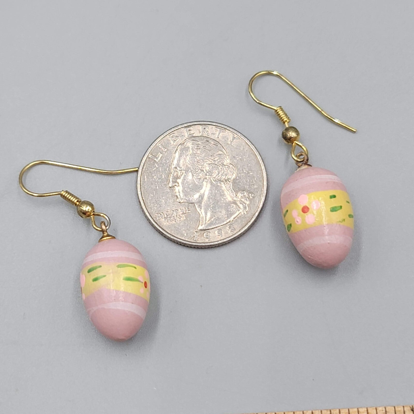 Vintage Pink Easter Egg Pierced Earrings Hand Painted Wood Dangle 7/8"