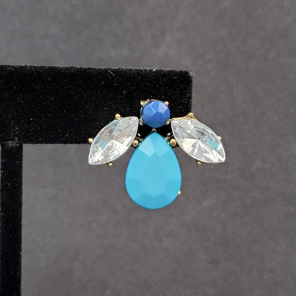 Pierced Earrings Blue Acrylic Bee Flower Design Drop 3/4"