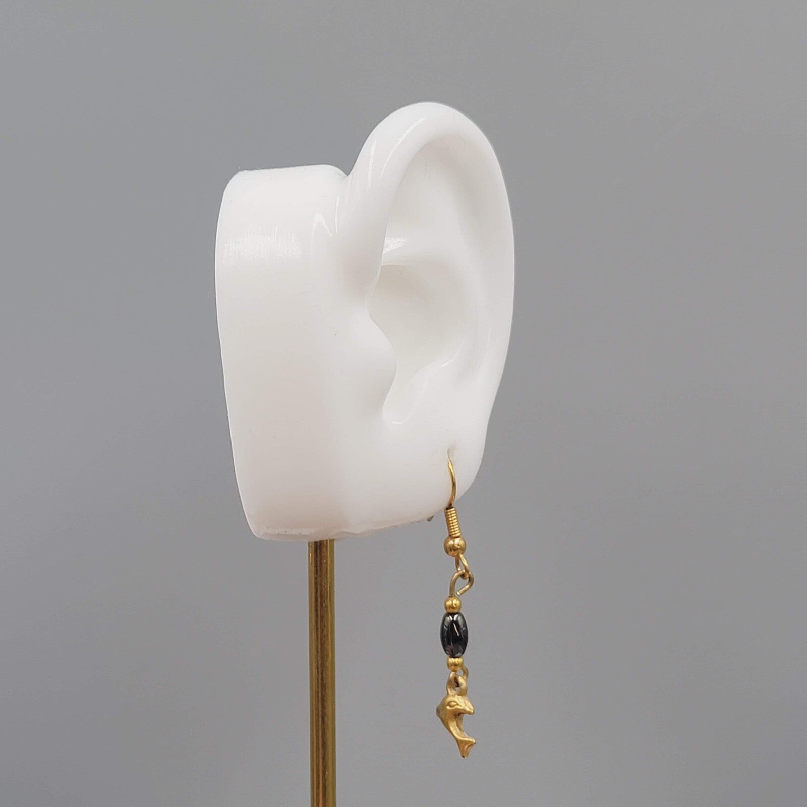Vintage Dolphin Pierced Earrings Gold tone Hematite Stone Dangle 1 1/8"