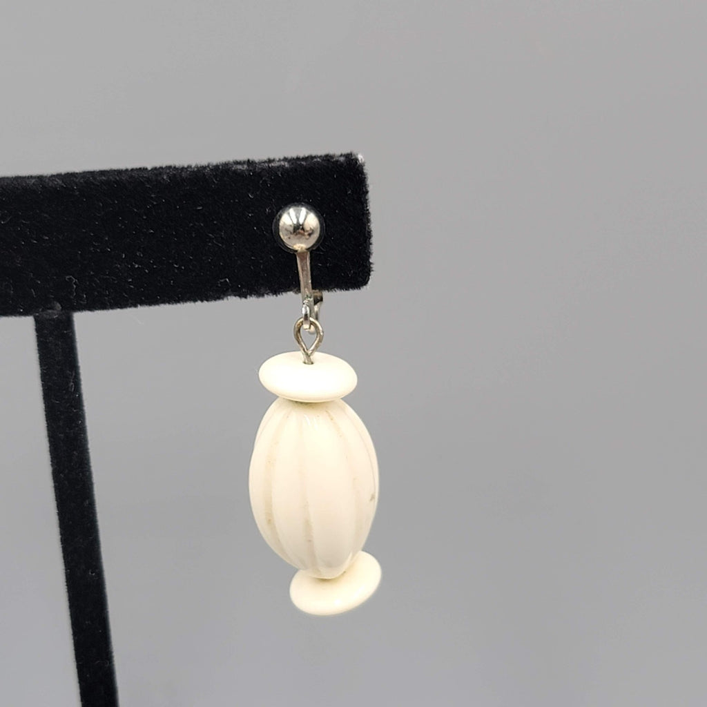 Vintage White Bead Clip on Earrings Silver tone Dangle  1.25"