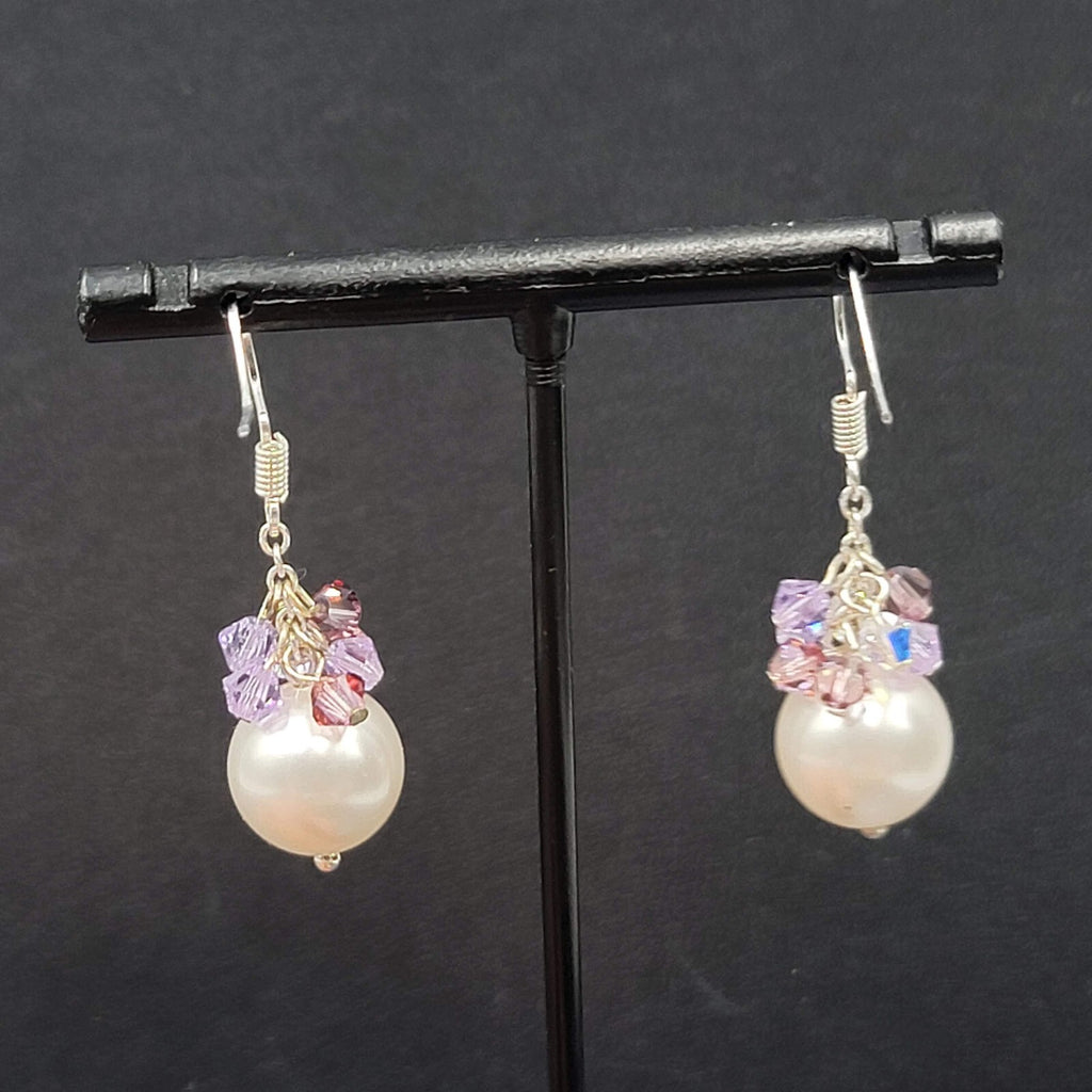 Pierced Earrings Purple Crystal Faux Pearl Beaded Dangle 1"
