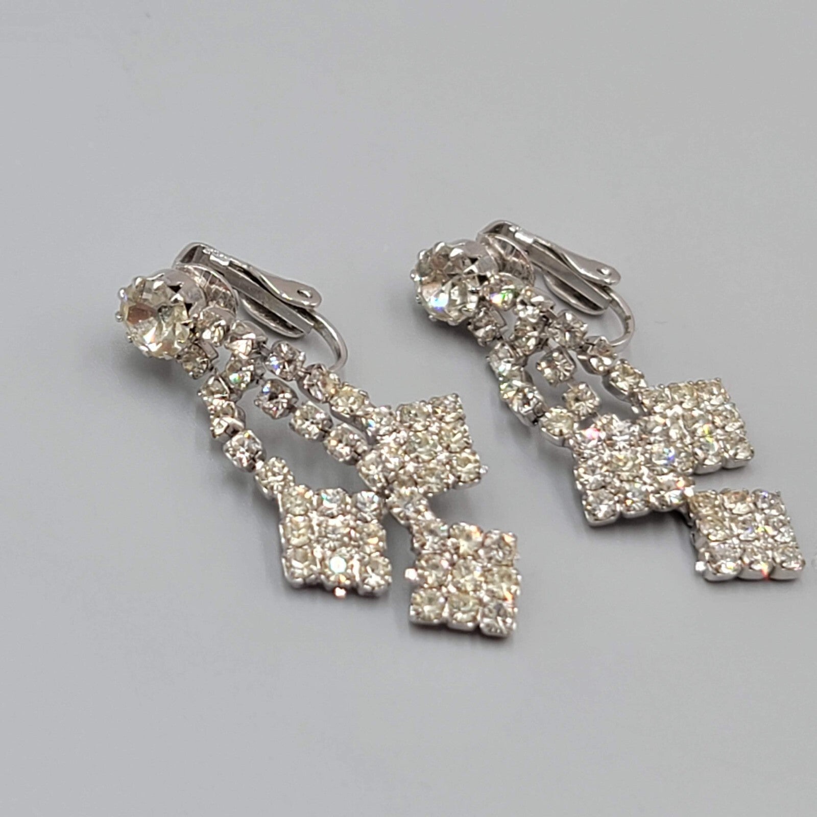 Vintage Rhinestone Clip on Earrings Dangle Silver tone 1.5" Length