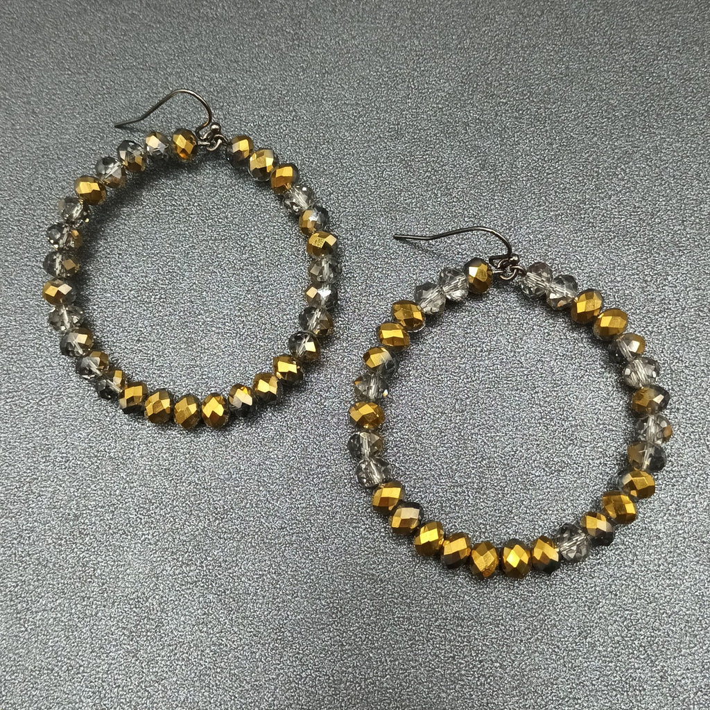 Pierced Earrings Bronze tone Faceted Glass Beaded Hoop Dangle 2"