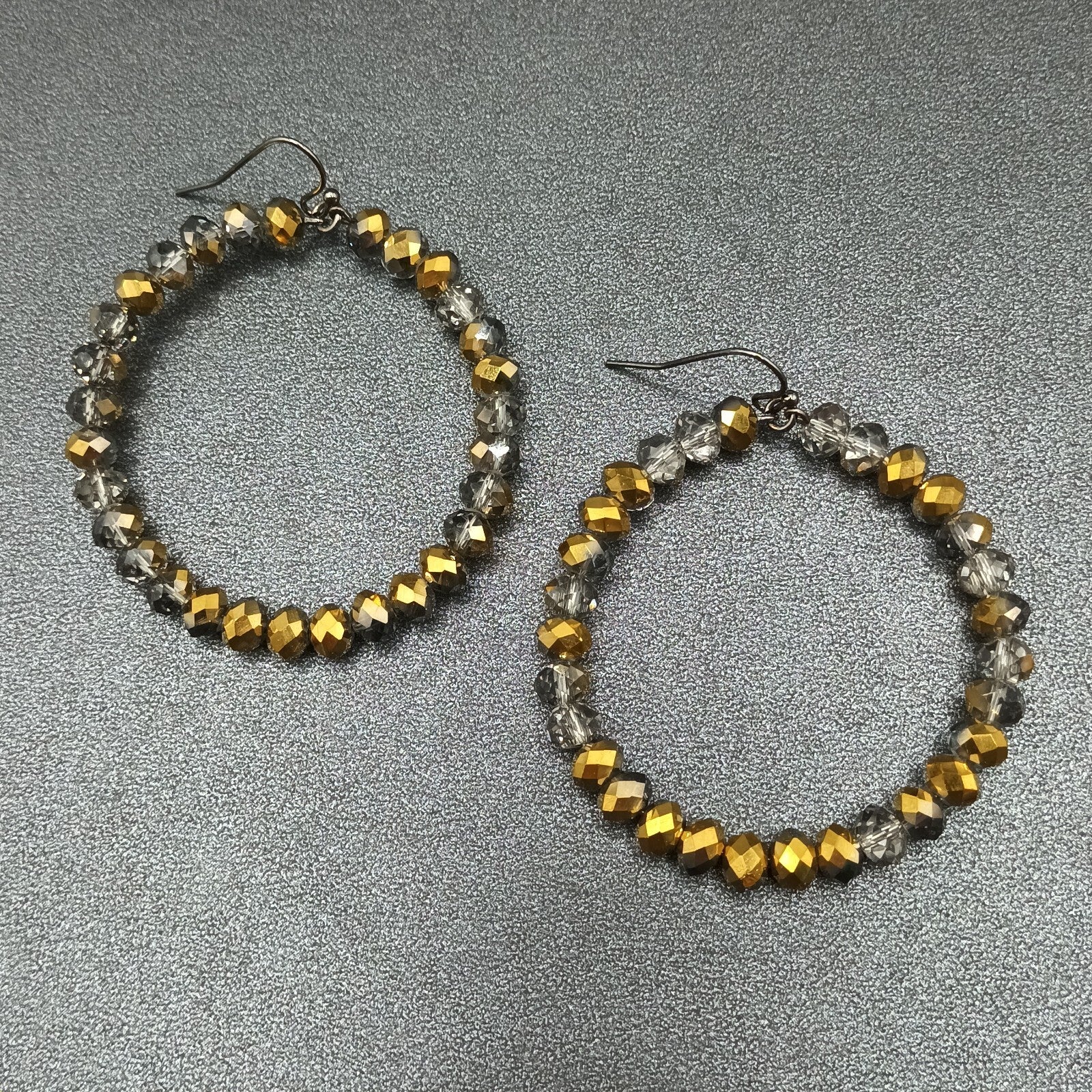 Pierced Earrings Bronze tone Faceted Glass Beaded Hoop Dangle 2"