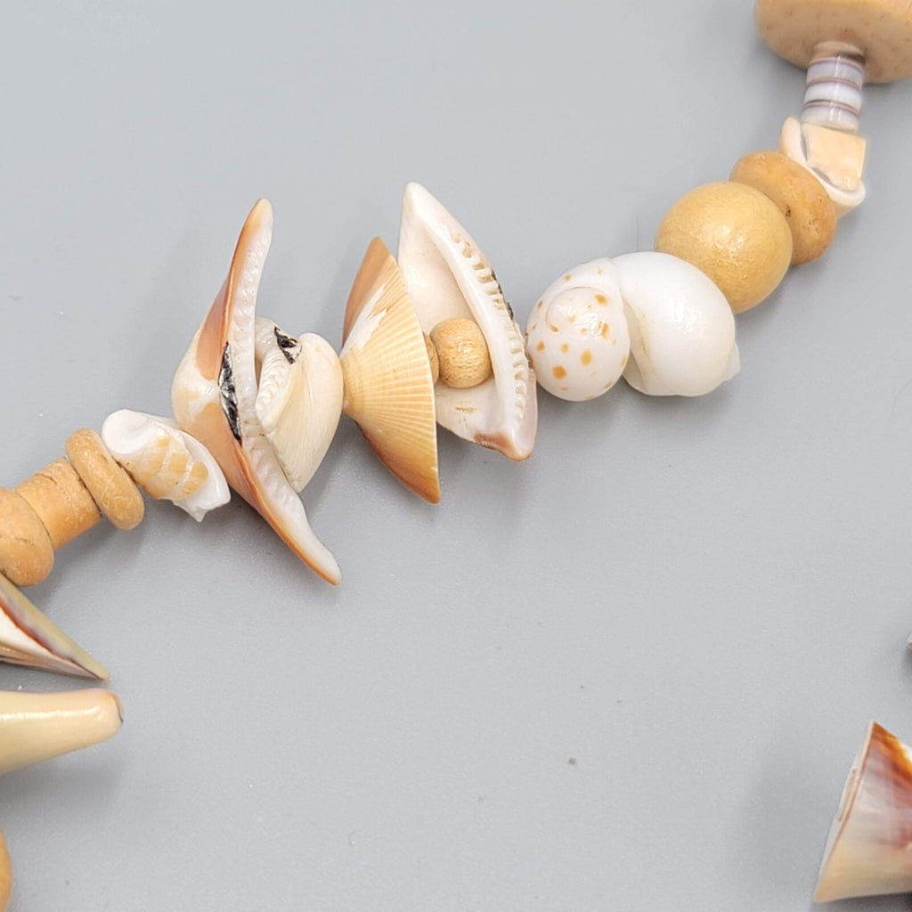 Vintage Necklace Wood Bead Shell Pieces LONG Unique Beach Summer 40"