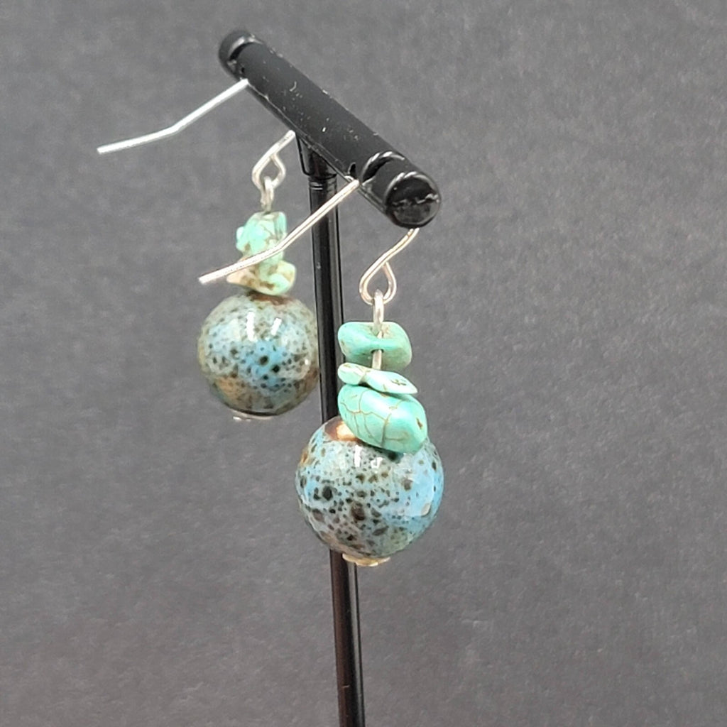 Pierced Earrings Silver tone Turquoise Bead Pottery Bead Dangle  1"
