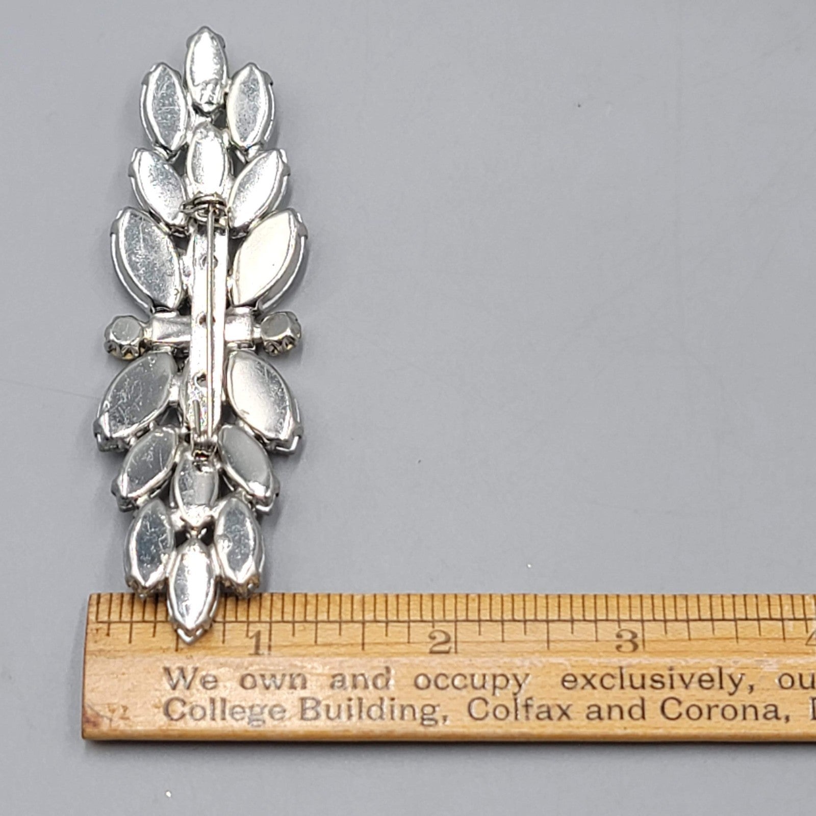 Vintage Long Clear Rhinestone Brooch Silver tone 3.75 in