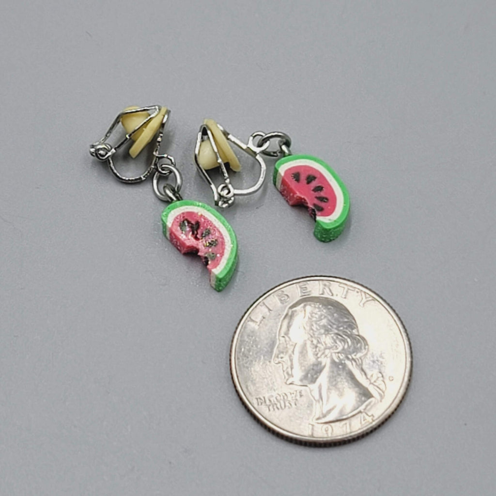 Watermelon Dangle Clip on Earrings Silver tone Cute 3/4"