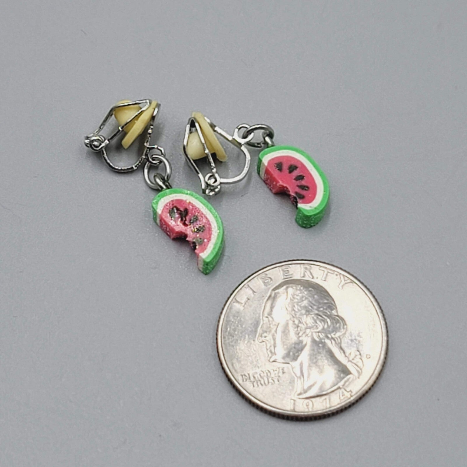 Watermelon Dangle Clip on Earrings Silver tone Cute 3/4"