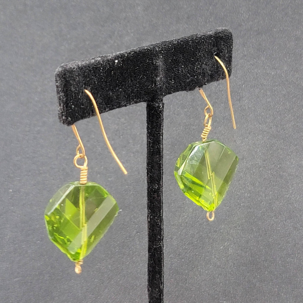 Pierced Earrings Copper tone Green Art Glass Faceted Bead 1.25"