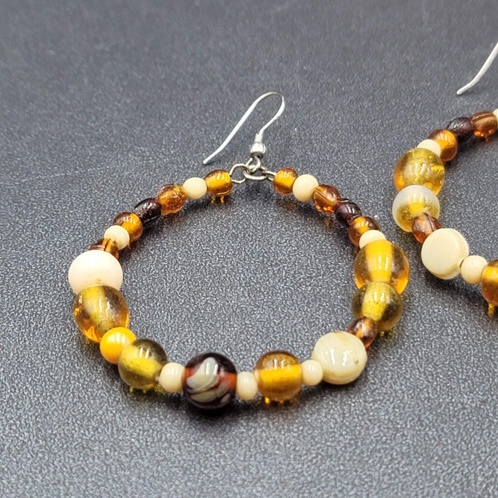 Pierced Earrings Silver tone Brown Glass Bead Hoops 2"