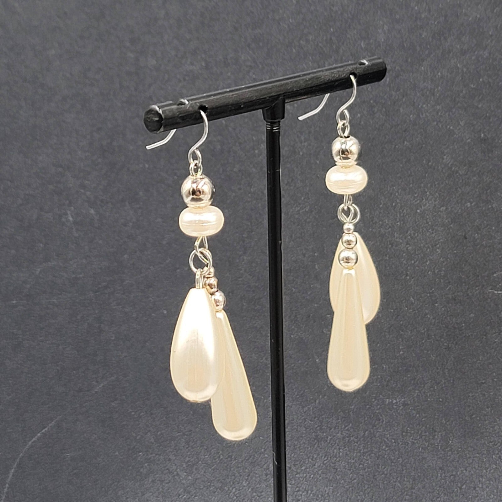 Pierced Earrings Silver tone White Teardrop Bead Dangle 2"