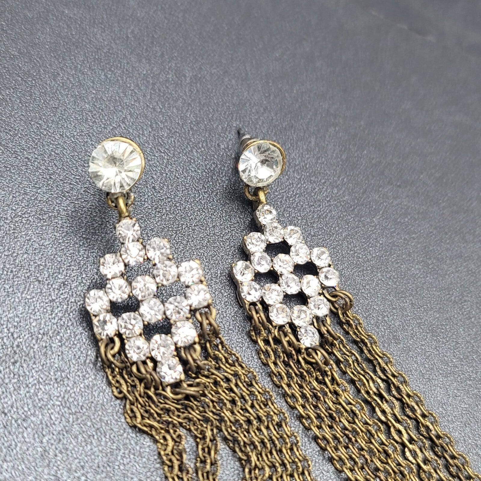 Pierced Earrings Bronze tone Sparkle Rhinestone Chain Dangle Long 4.5"