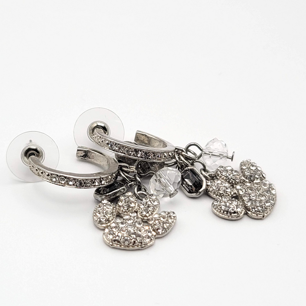 Puppy Paw Crystal Rhinestone Pierced Earrings  Silver tone Dangle Bead 1.75 in