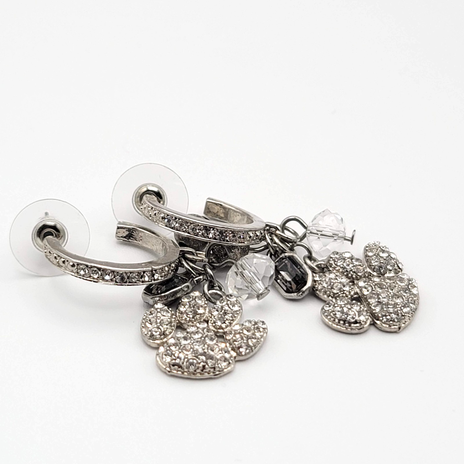 Puppy Paw Crystal Rhinestone Pierced Earrings  Silver tone Dangle Bead 1.75 in