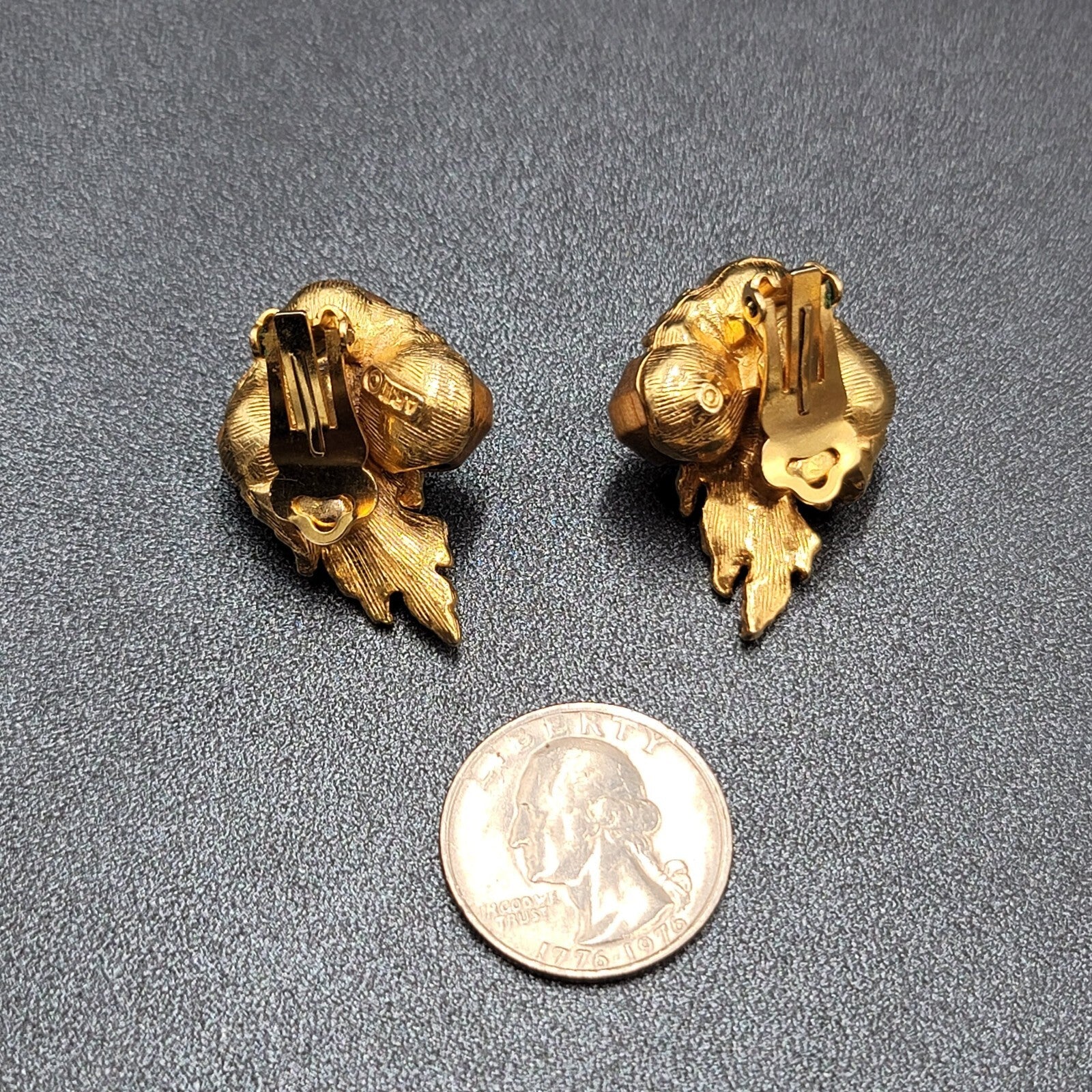 Vintage ART Clip on Earrings Gold Plated Wood Beads Leaf Design Climber 1.25"