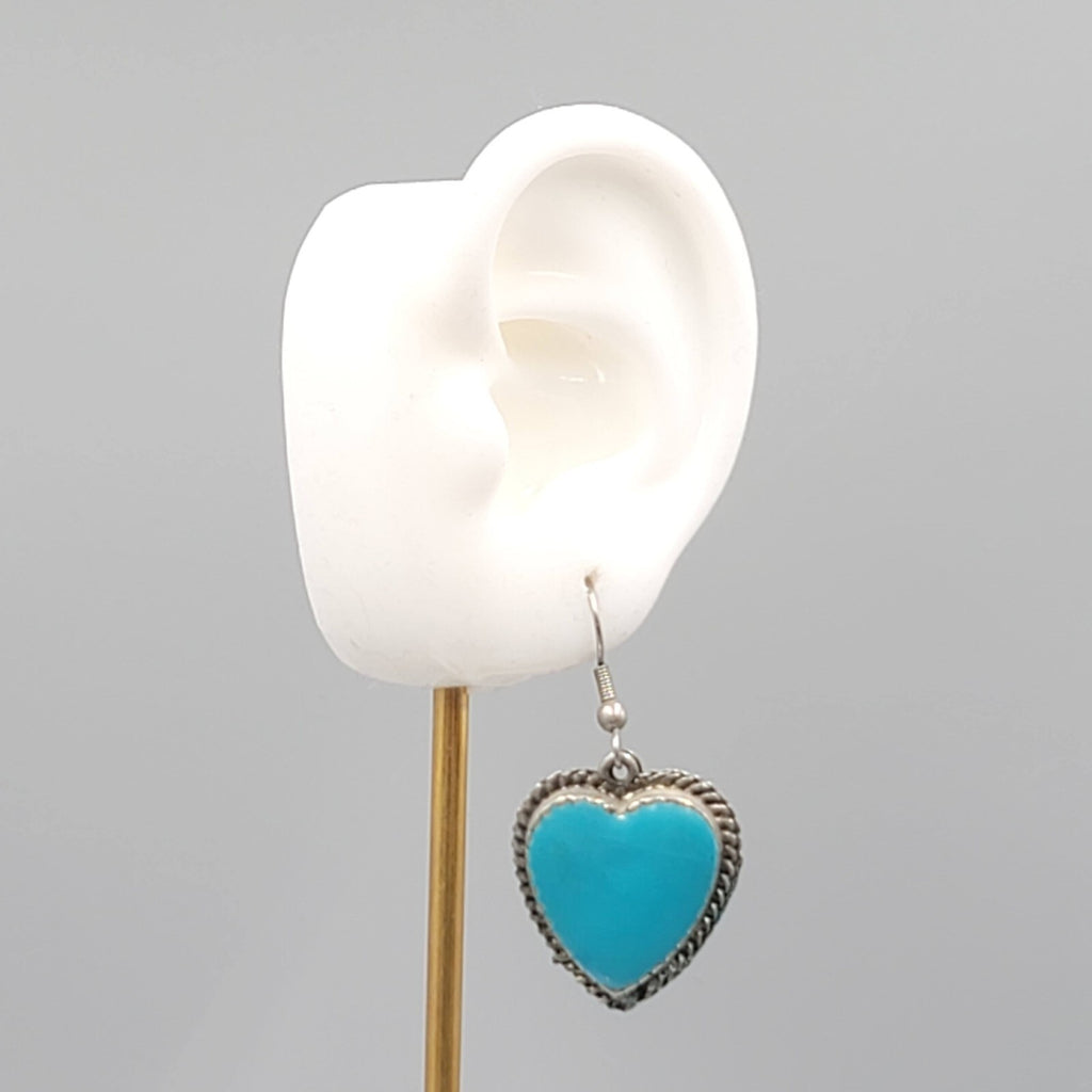 Vintage Heart Pierced Earrings Blue Enamel Southwest Statement Dangle  1 1/8"