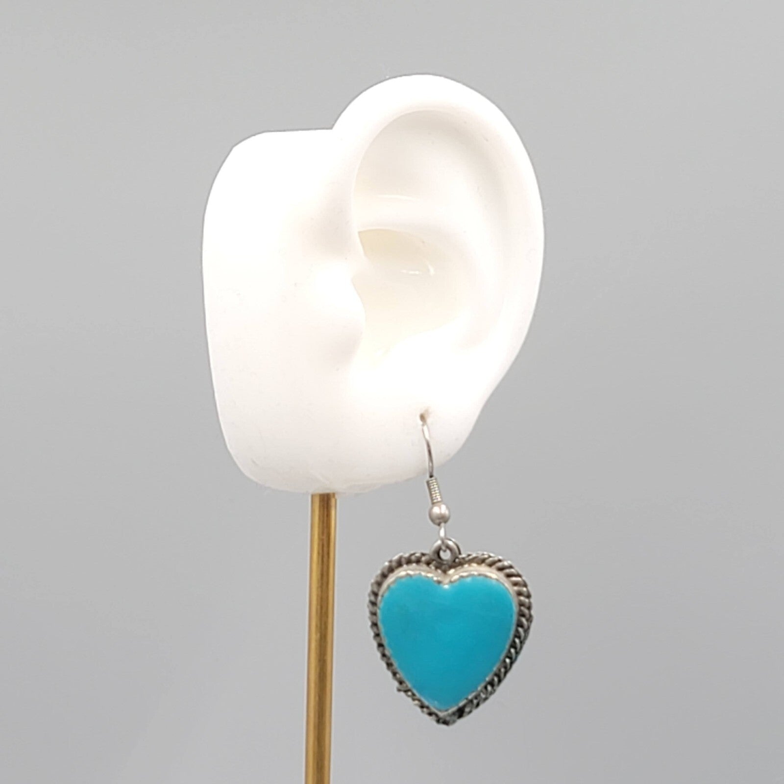 Vintage Heart Pierced Earrings Blue Enamel Southwest Statement Dangle  1 1/8"