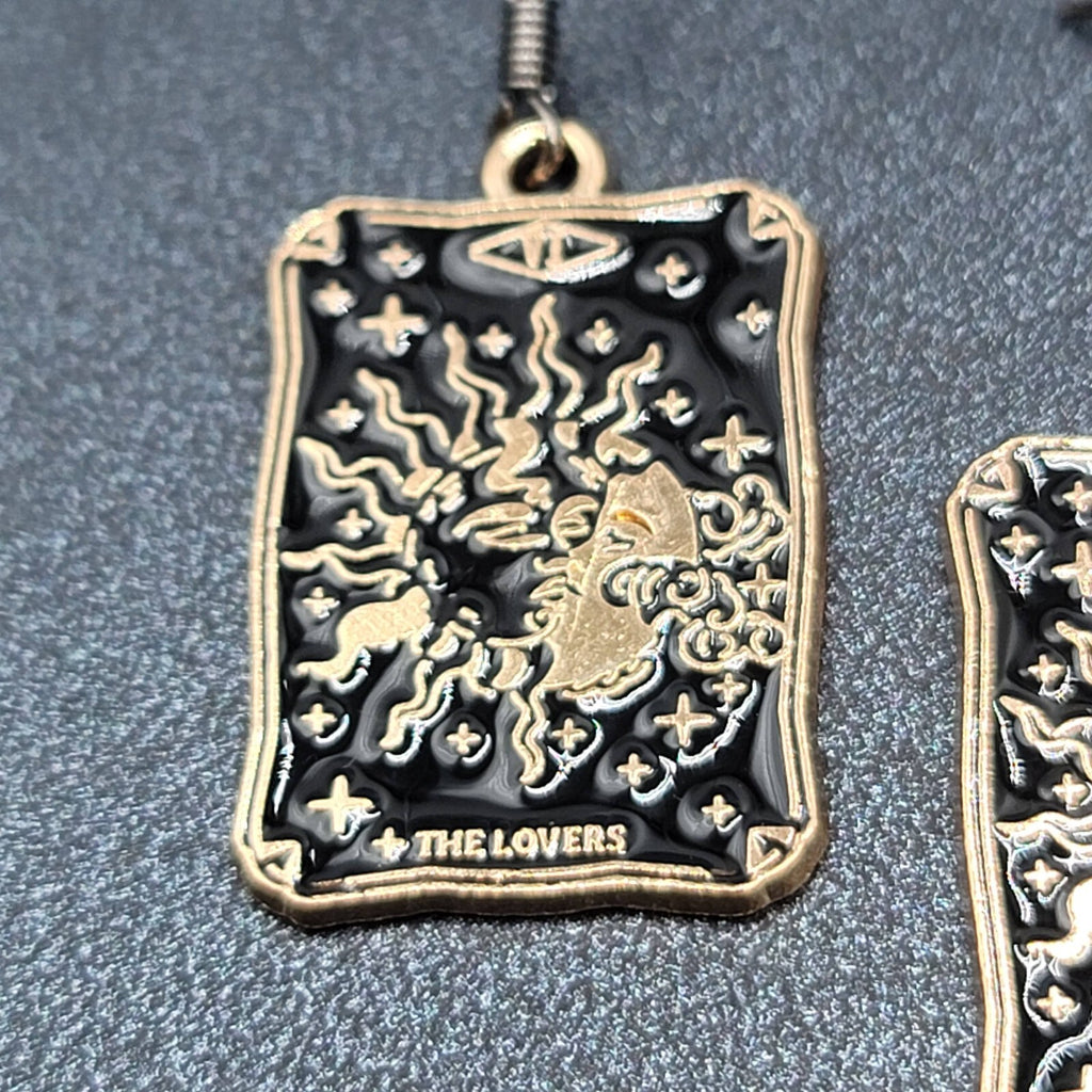 Tarot Card Pierced Earrings The LOVERS Sun and Moon Gold tone Black 1"
