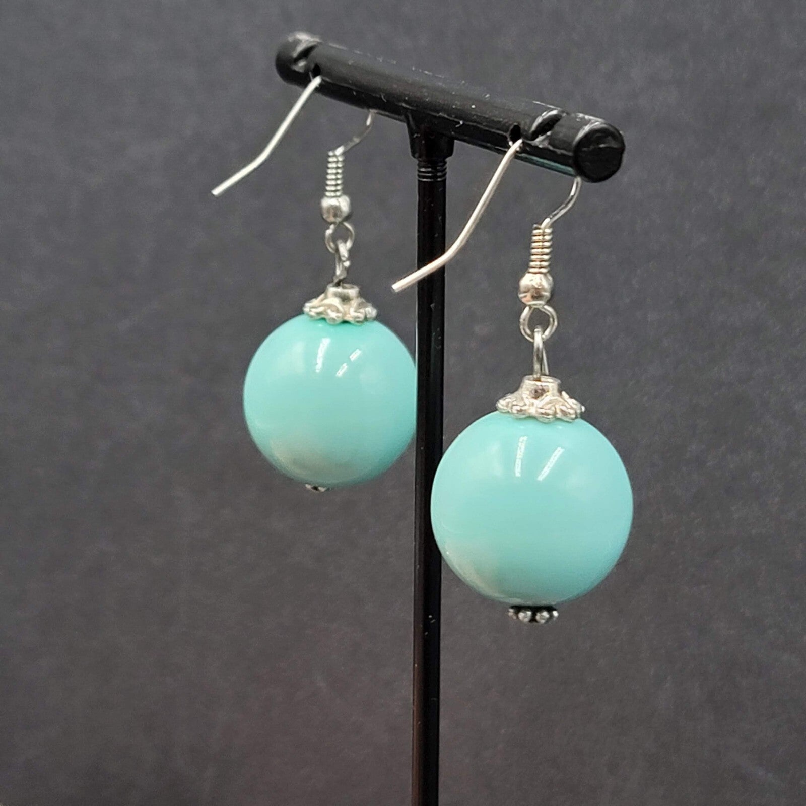 Pierced Earrings Silver tone Baby Blue Round Bead Dangle 1"