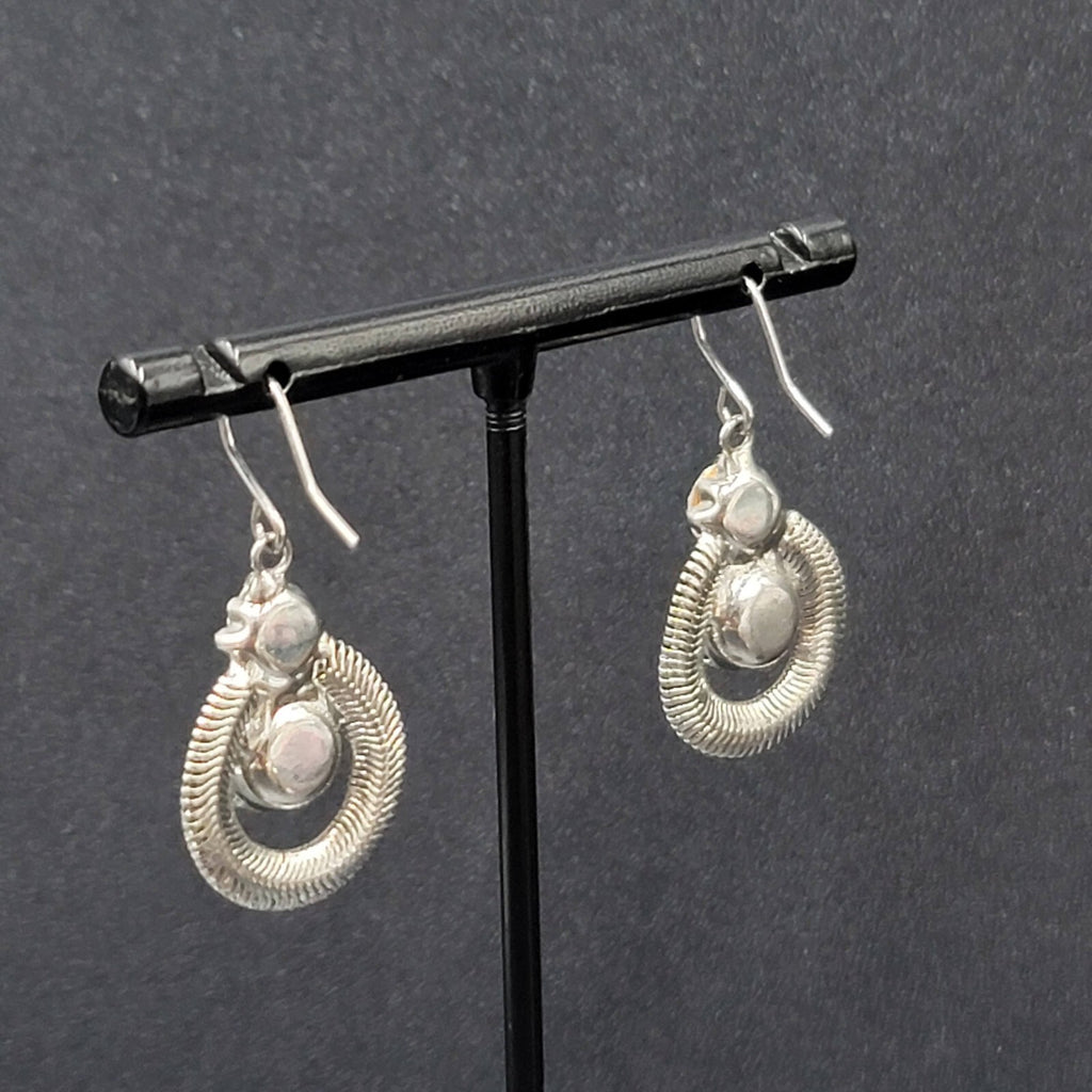 Pierced Earrings Silver tone Snake Chain Rhinestone Dangle 1"