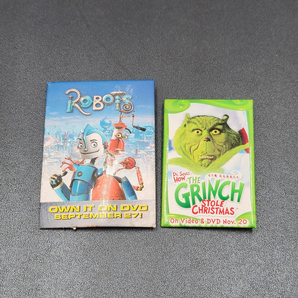 Vintage Lot of 2 Kids Movie Promo Pin Back Buttons Pins ROBOTS GRINCH