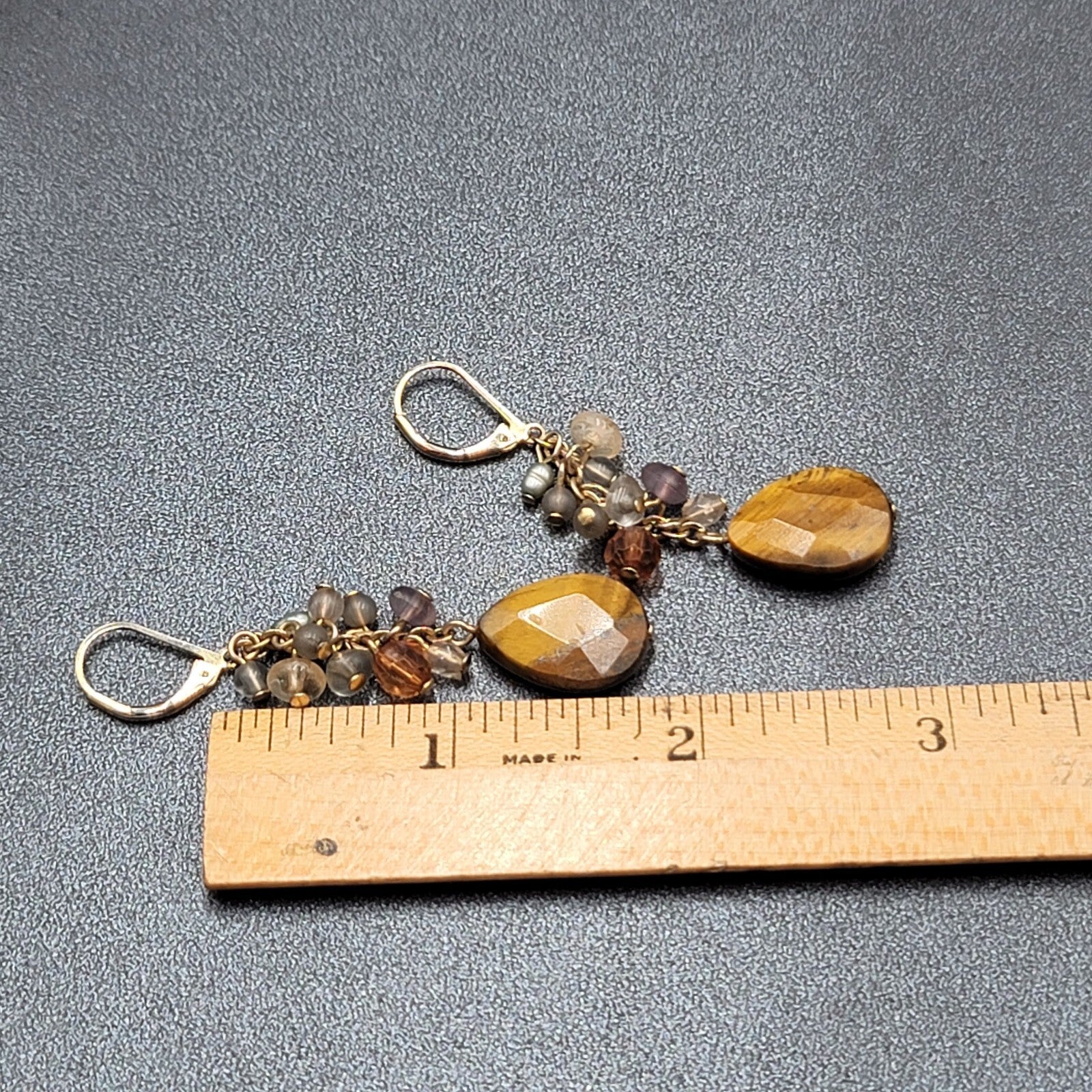 Pierced Earrings Silver tone Glass Bead Tigers Eye Teardrop 1.75"