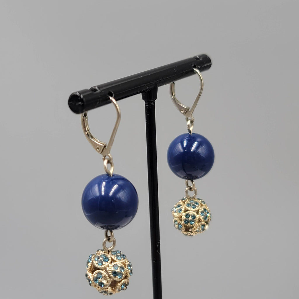 Blue Rhinestone Bead Pierced Earrings Dangle 1 3/8"