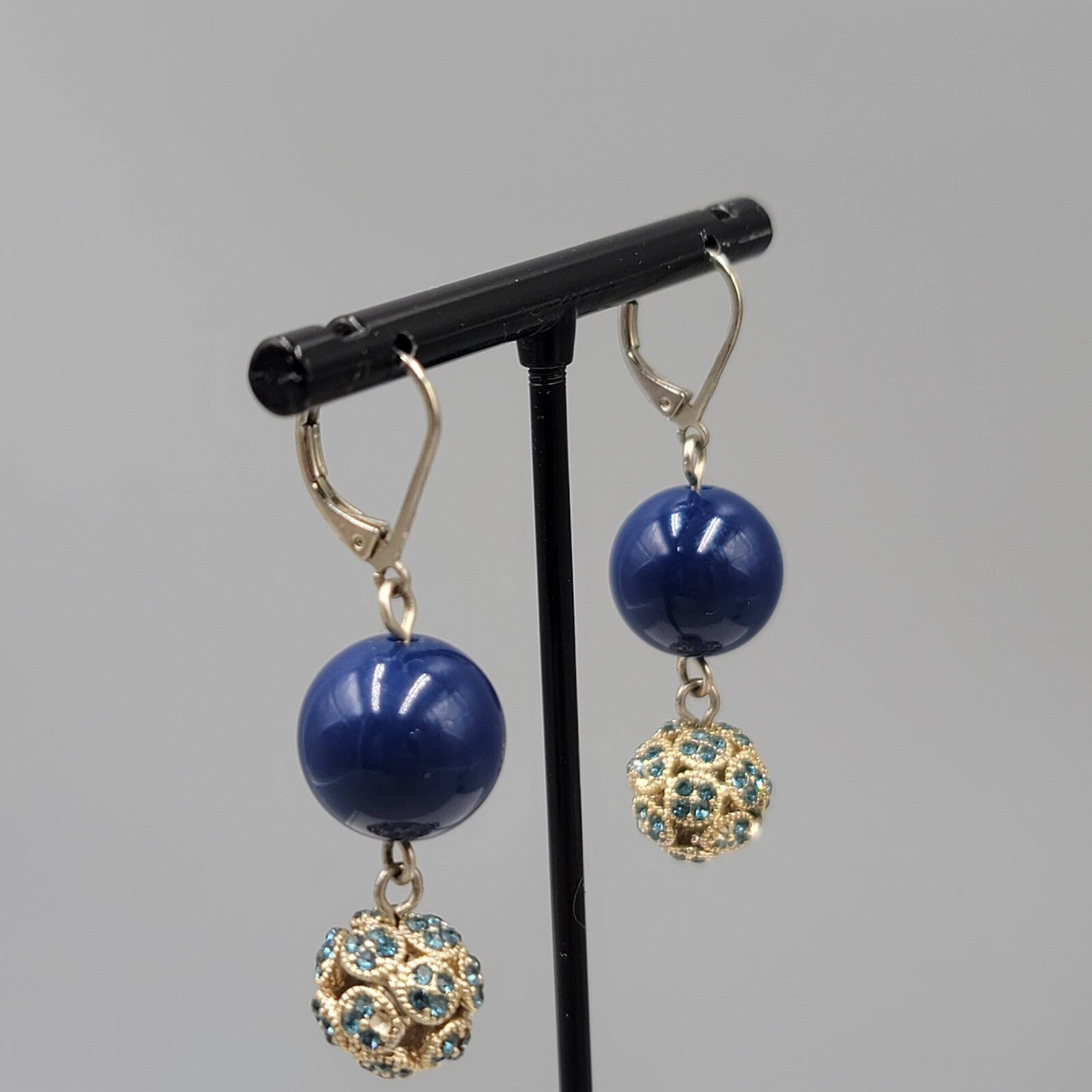 Blue Rhinestone Bead Pierced Earrings Dangle 1 3/8"