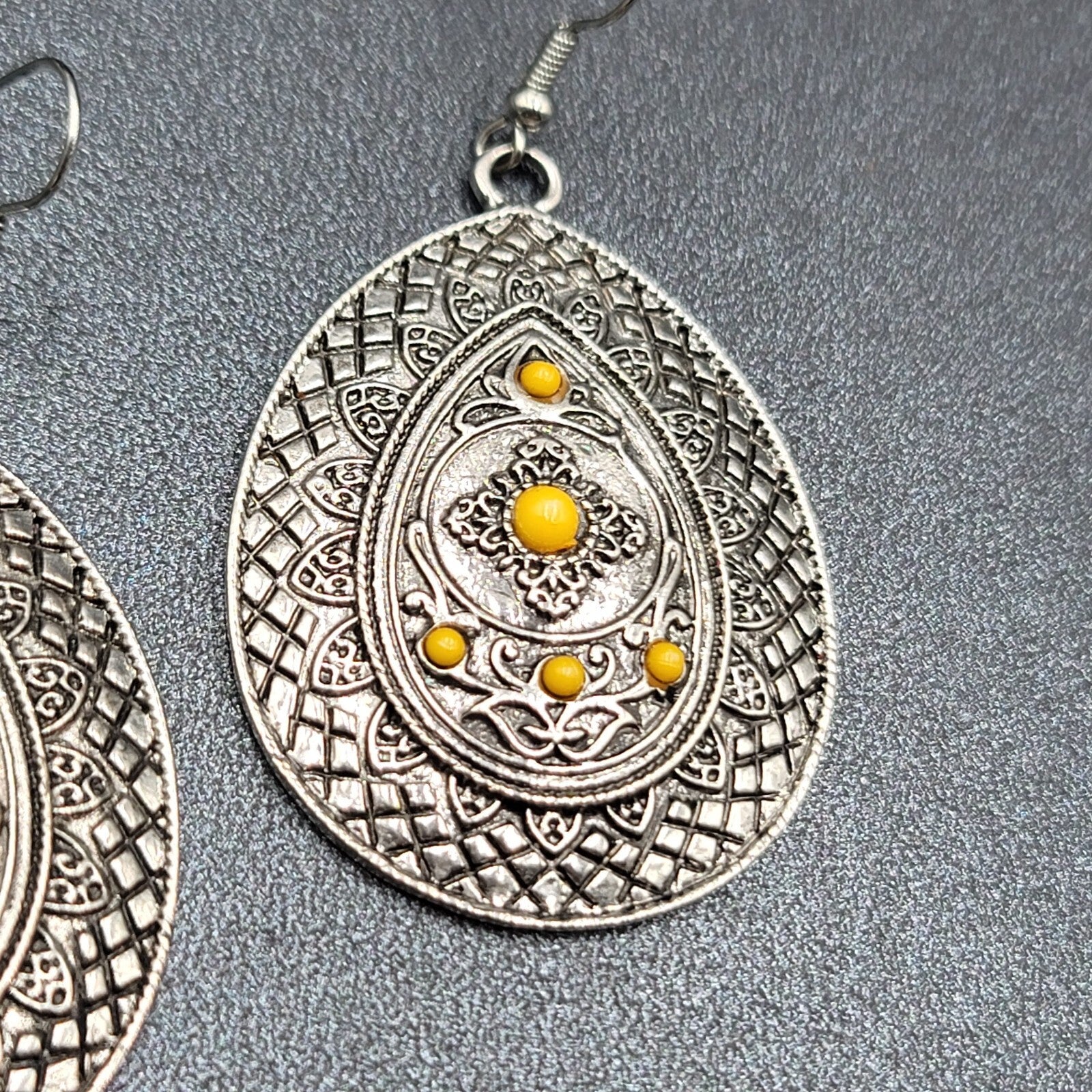 Pierced Earrings Silver tone Teardrop Medallion Yellow Accents Boho 1 7/8"
