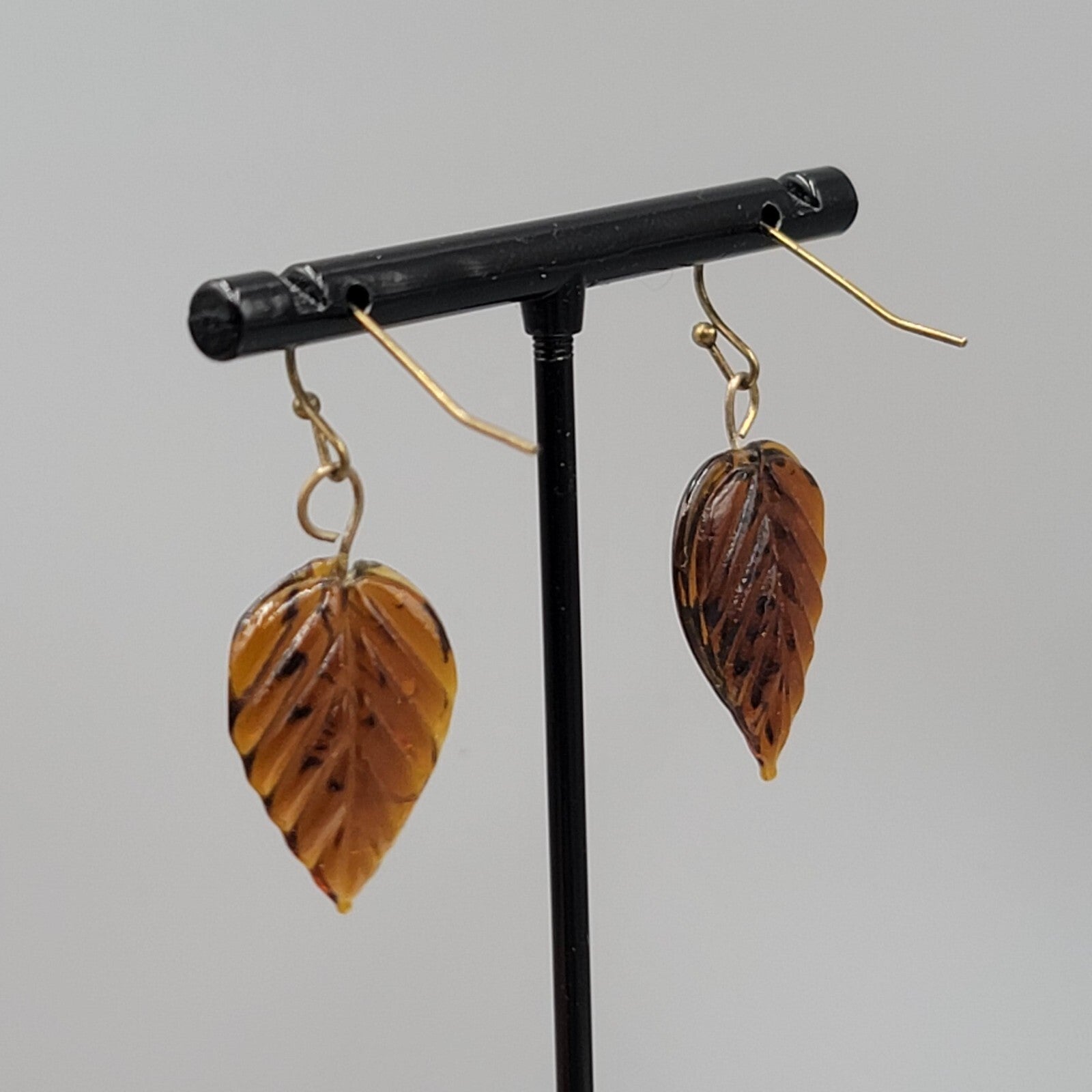 Pierced Earrings Brown Glass Leaf Dangle Bronze tone 1"