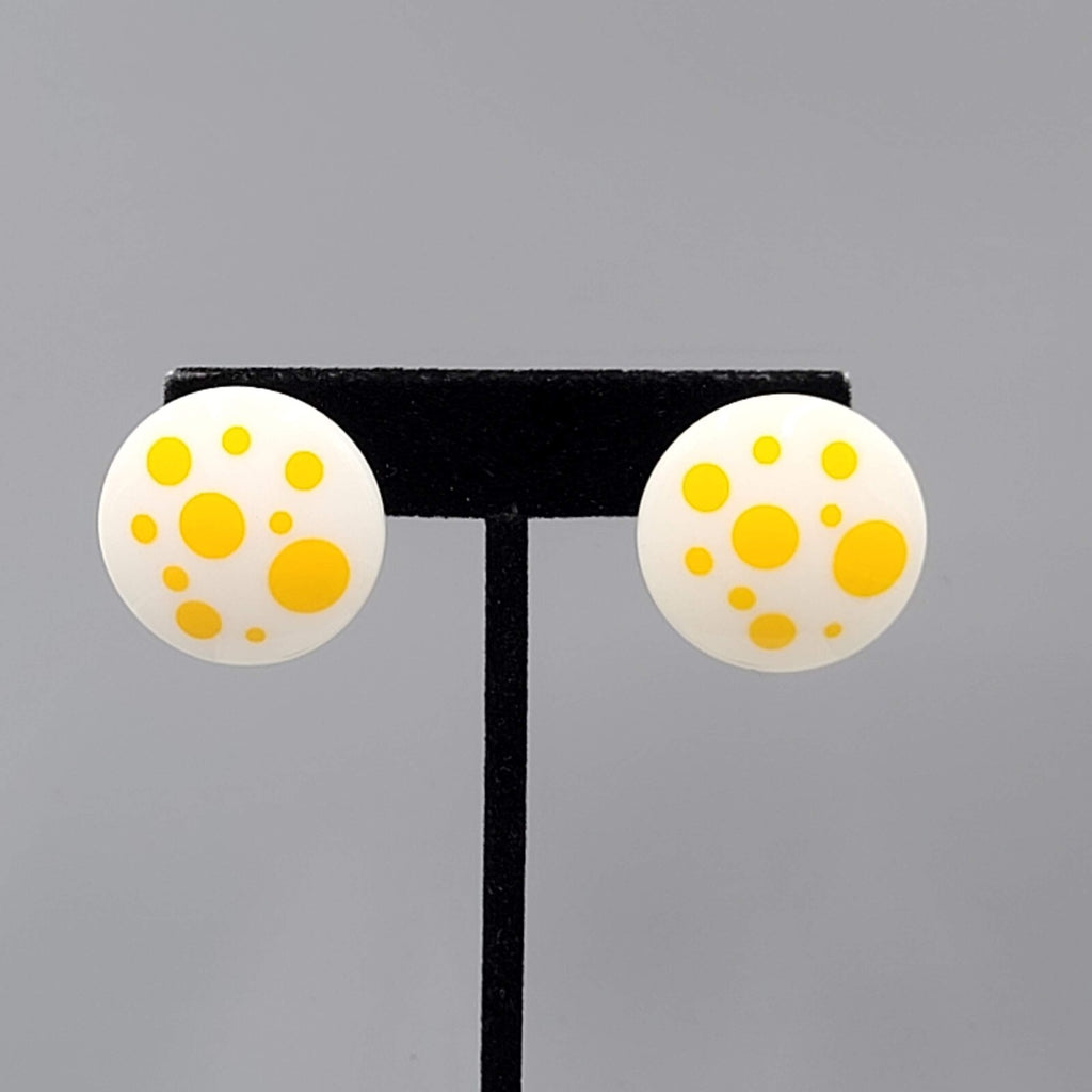Vintage Pierced Earrings White Yellow Polka Dot 1"