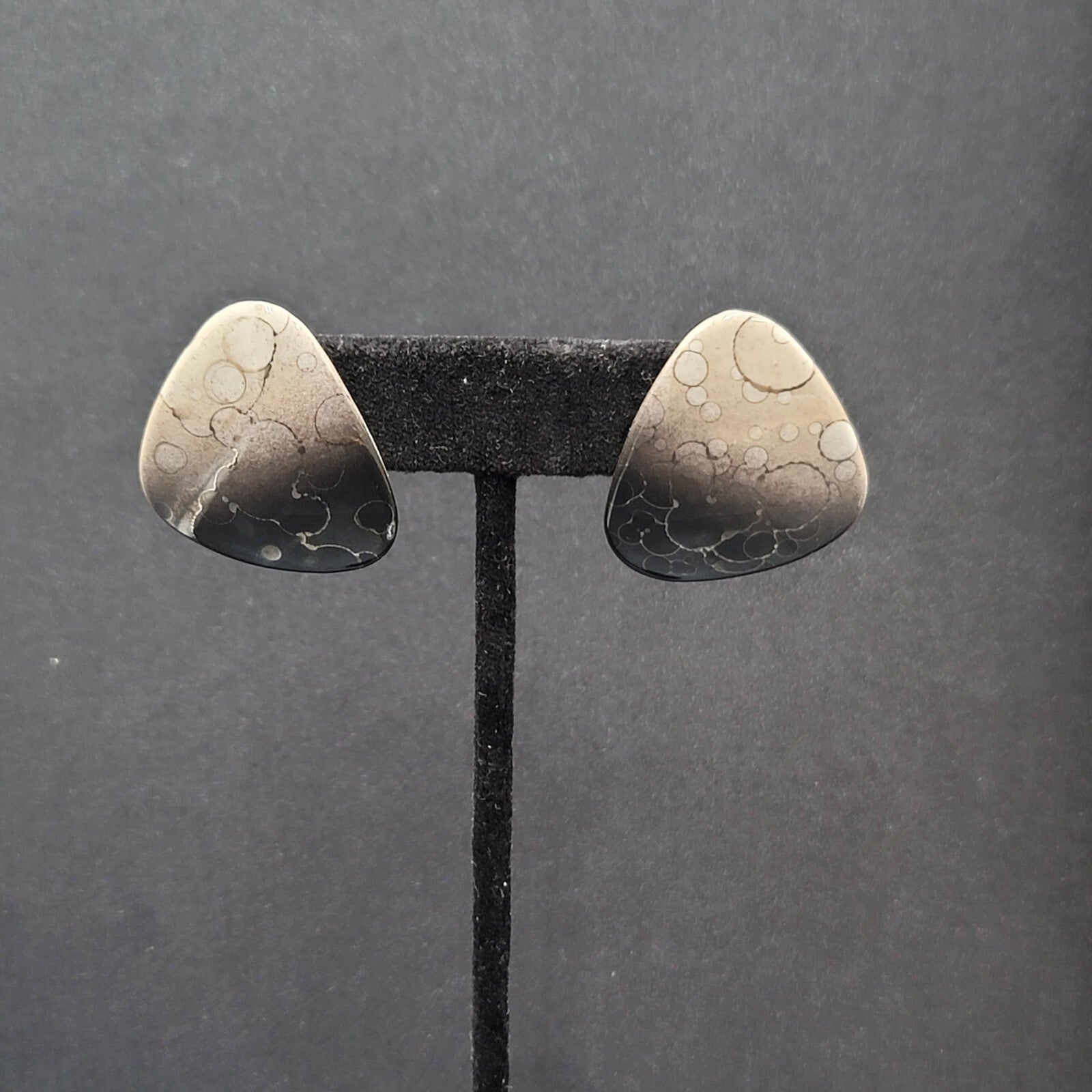Vintage Pierced Earrings Black White Ceramic Geometric Drop 1.25"