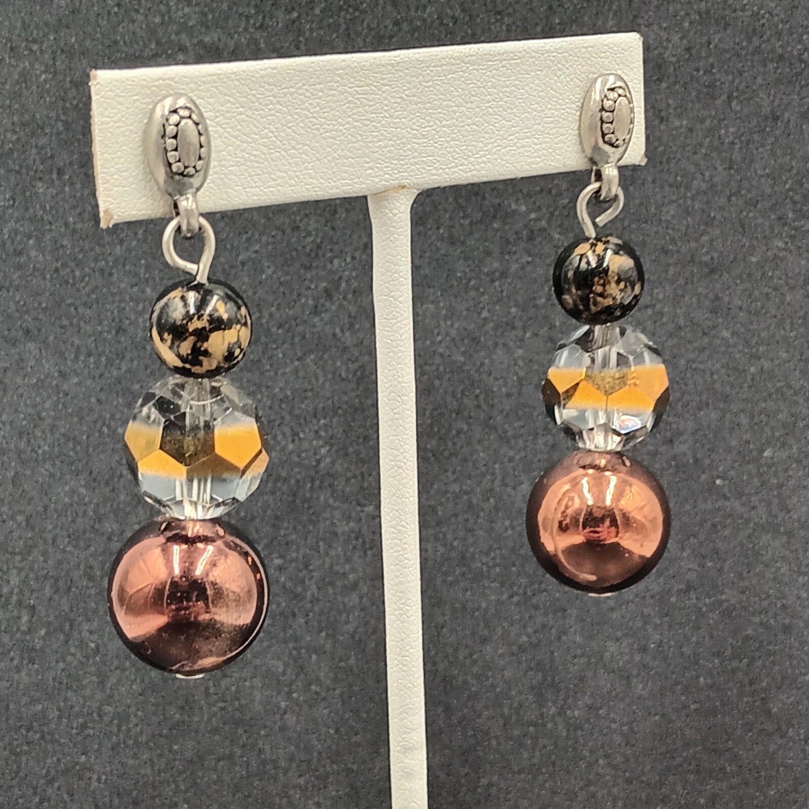 Pierced Earrings Silver tone Acrylic and Glass Bead Dangle 2.25"