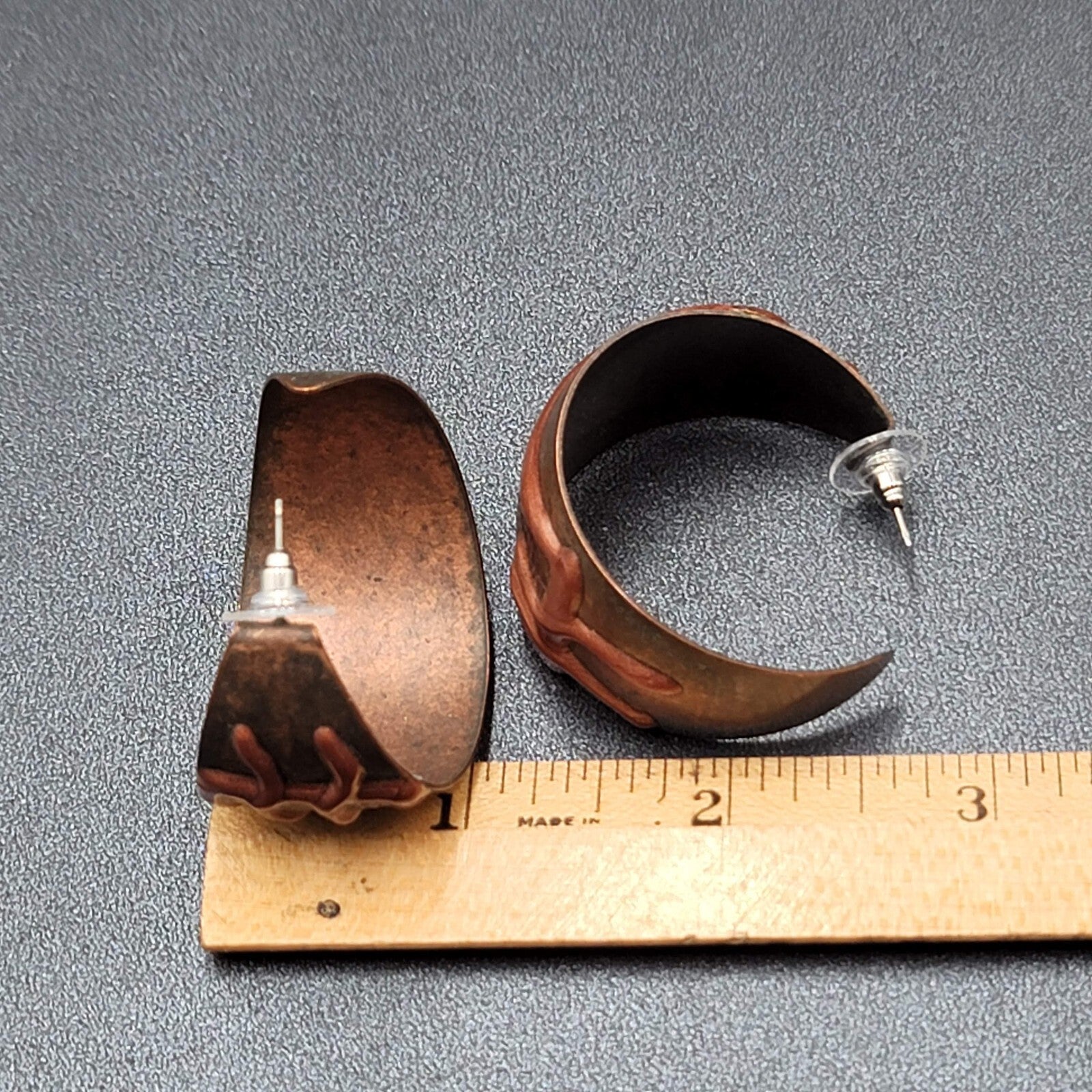 Vintage Pierced Earrings Large Wide Hoops Hand Painted Brown 1.5"