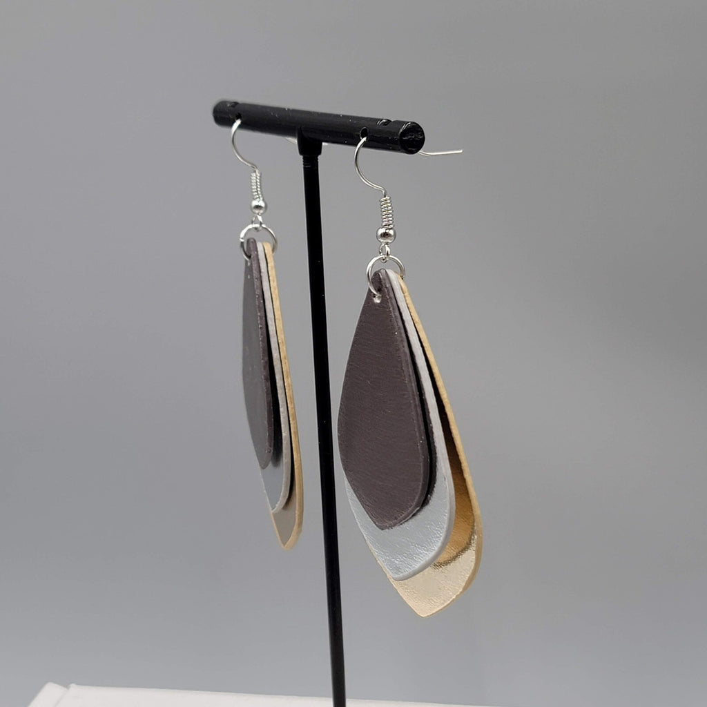 Pierced Earrings Triple Layer Faux Leather Metallic Dangle 2.5"