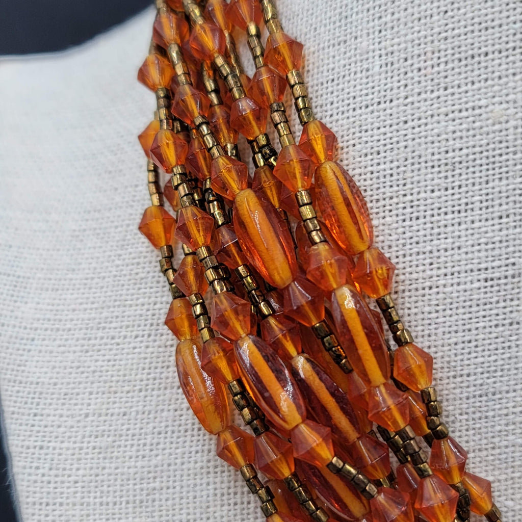 Vtg Japan Orange Glass Beaded Gold Tone Filigree 13 Strand Necklace 13.5"-16"
