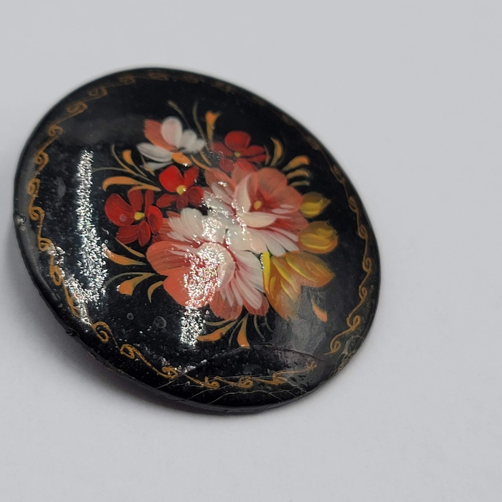 Vintage Russian Black Enamel Hand Painted Flower Brooch Pin 1 7/8"