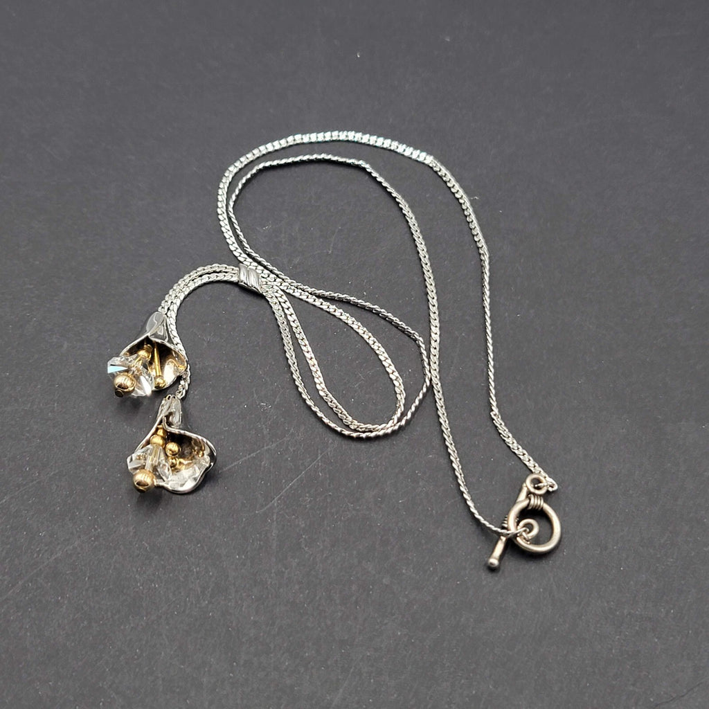 Lily Flower Tassel Necklace Silver tone Herringbone Toggle Closure 22"