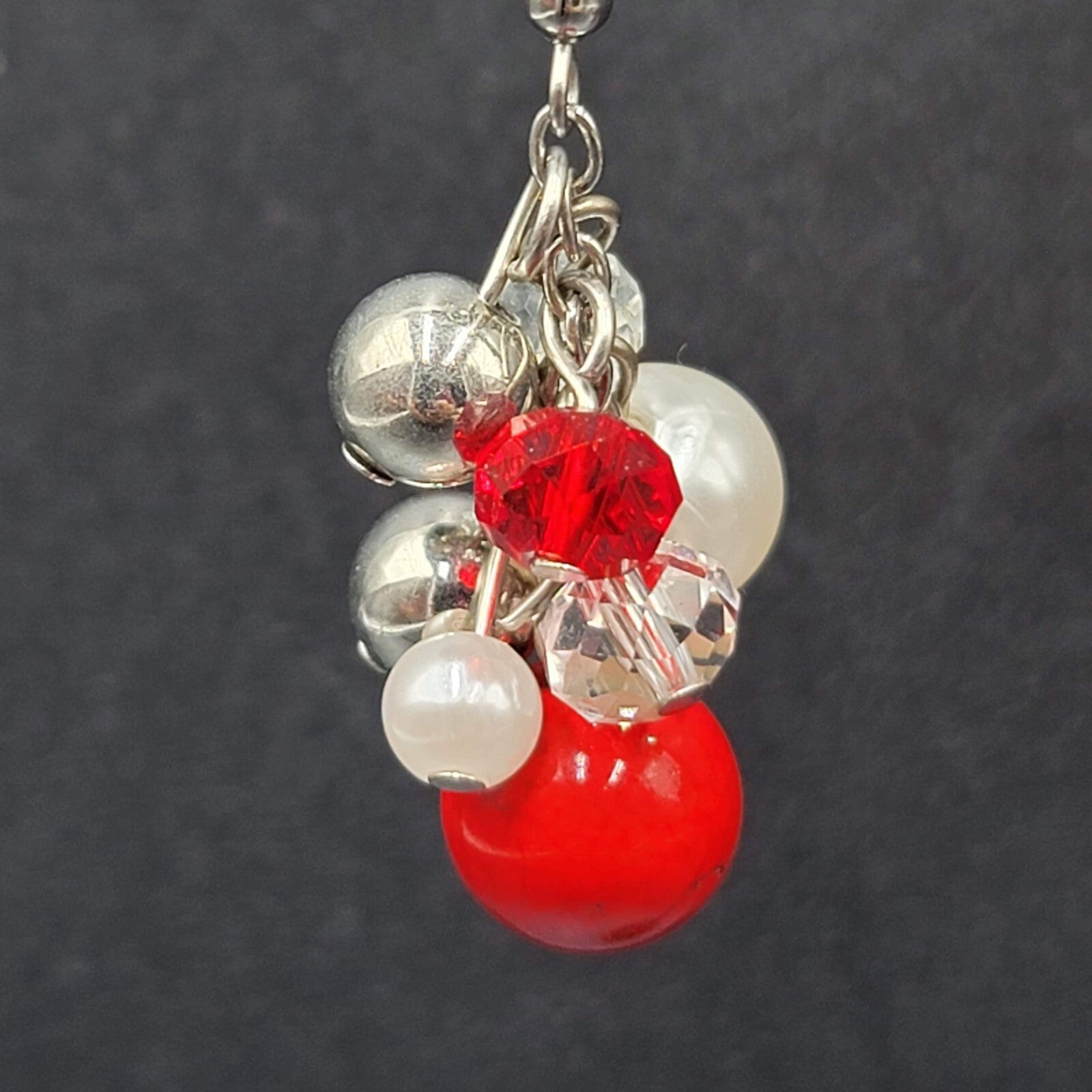 Pierced Earrings Silver tone Red White Cluster Bead Dangle 1.5"