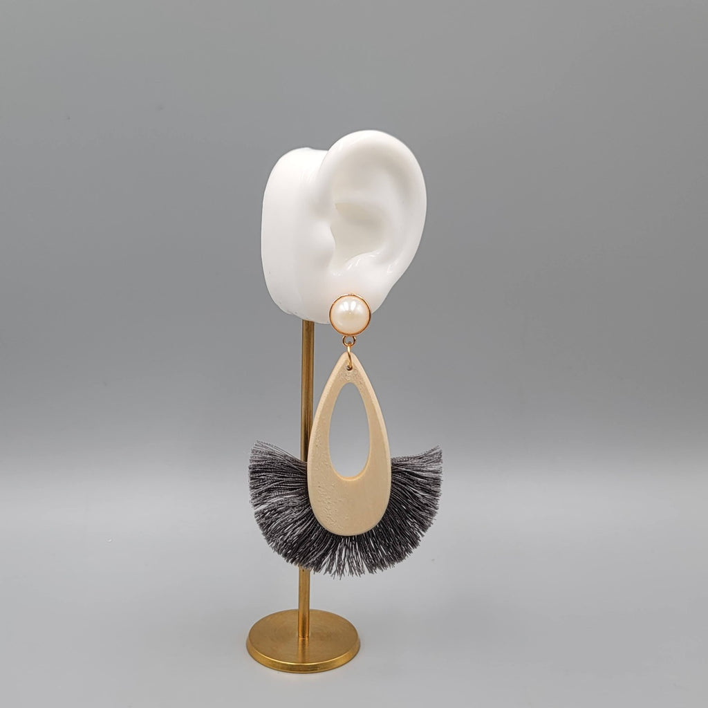 Statement Dangle Earrings Gold Tone Teardrop Faux Pearl Gray Fringe Boho (BC2)